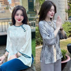 Mẫu Đồ Lam Đi Chùa Nữ Gấm Thọ Dáng Cổ Tròn Tay Lỡ Kết Nút Sò Kiểu