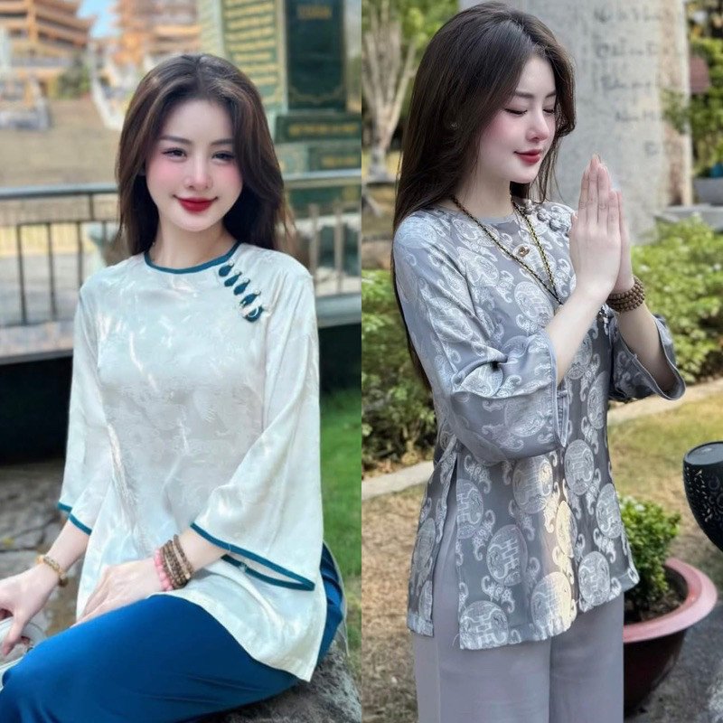 Mẫu Đồ Lam Đi Chùa Nữ Gấm Thọ Dáng Cổ Tròn Tay Lỡ Kết Nút Sò Kiểu