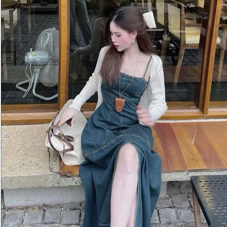 Đầm váy dài jean, đầm hai dây jean Quảng châu dáng dài xẻ tà kèm khoác Len ren cao cấp