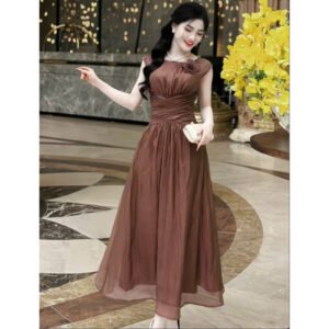 Váy thiết kế cổ tròn, ngắn tay dáng dài eo xếp li che khuyết điểm bụng to xẻ tà gấu, váy đầm dự tiệc b27