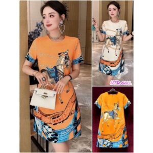 Hàng nhập - Đầm dáng suông tay ngắn cổ tròn họa tiết ngựa, váy xuông Quảng Châu dạo phố trẻ trung