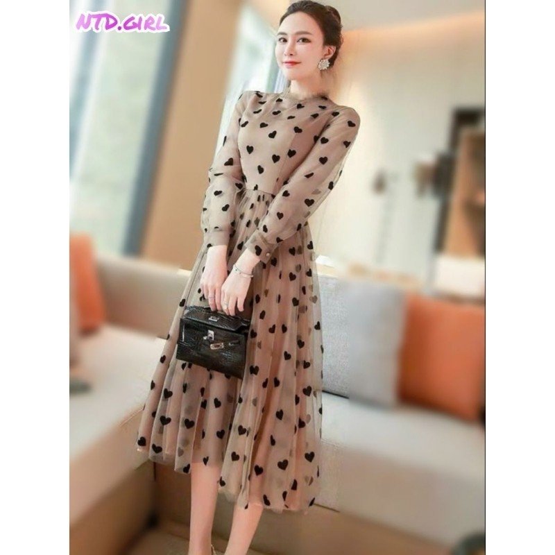 Hàng nhập - Đầm dáng xòe ren lưới họa tiết trái tim, váy Quảng Châu tay dài cổ tròn xinh xắn