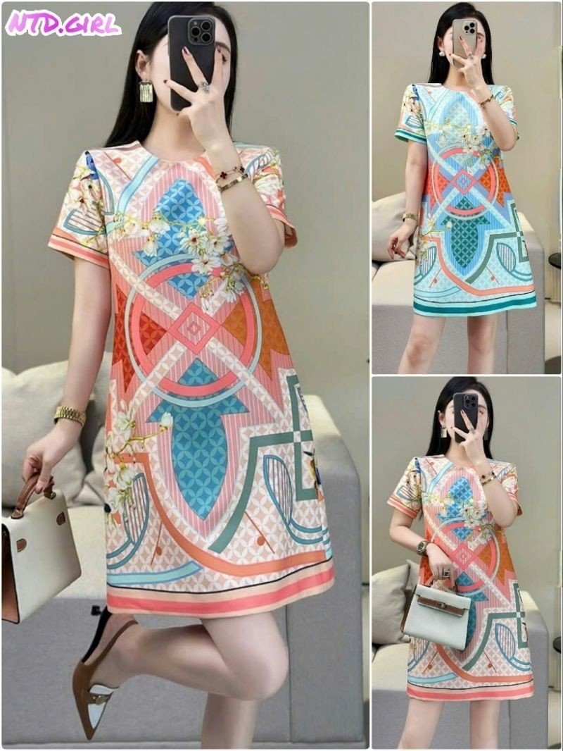 Hàng nhập - Đầm dáng suông lụa mịn mát in hình khối, váy xuông Quảng Châu tay ngắn cổ tròn trẻ trung