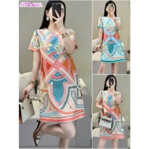 Hàng nhập - Đầm dáng suông lụa mịn mát in hình khối, váy xuông Quảng Châu tay ngắn cổ tròn trẻ trung