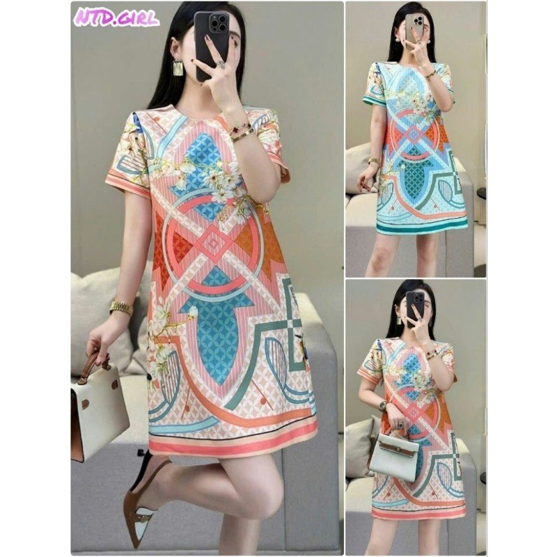 Hàng nhập - Đầm dáng suông lụa mịn mát in hình khối, váy xuông Quảng Châu tay ngắn cổ tròn trẻ trung