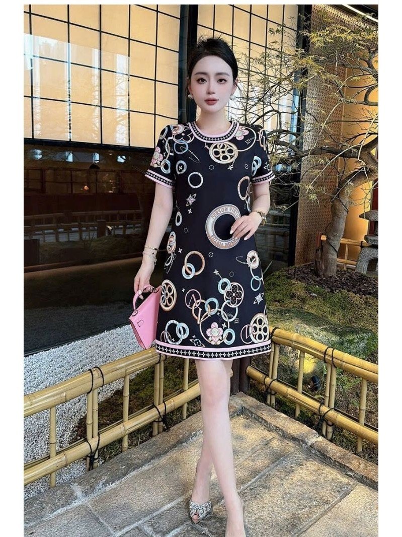 Hàng nhập - Đầm dáng suông lụa mịn đẹp in hoa văn hình tròn, váy xuông Quảng Châu tay ngắn cổ tròn