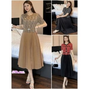 Hàng nhập - Đầm dáng xòe lụa xếp li free size đính nút phối viền, váy dự tiệc Quảng Châu tay ngắn cổ tròn vân xước