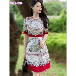 Hàng nhập - Đầm dáng suông lụa mịn mát tay ngắn cổ tròn, váy xuông Quảng Châu in hoa văn trắng đỏ