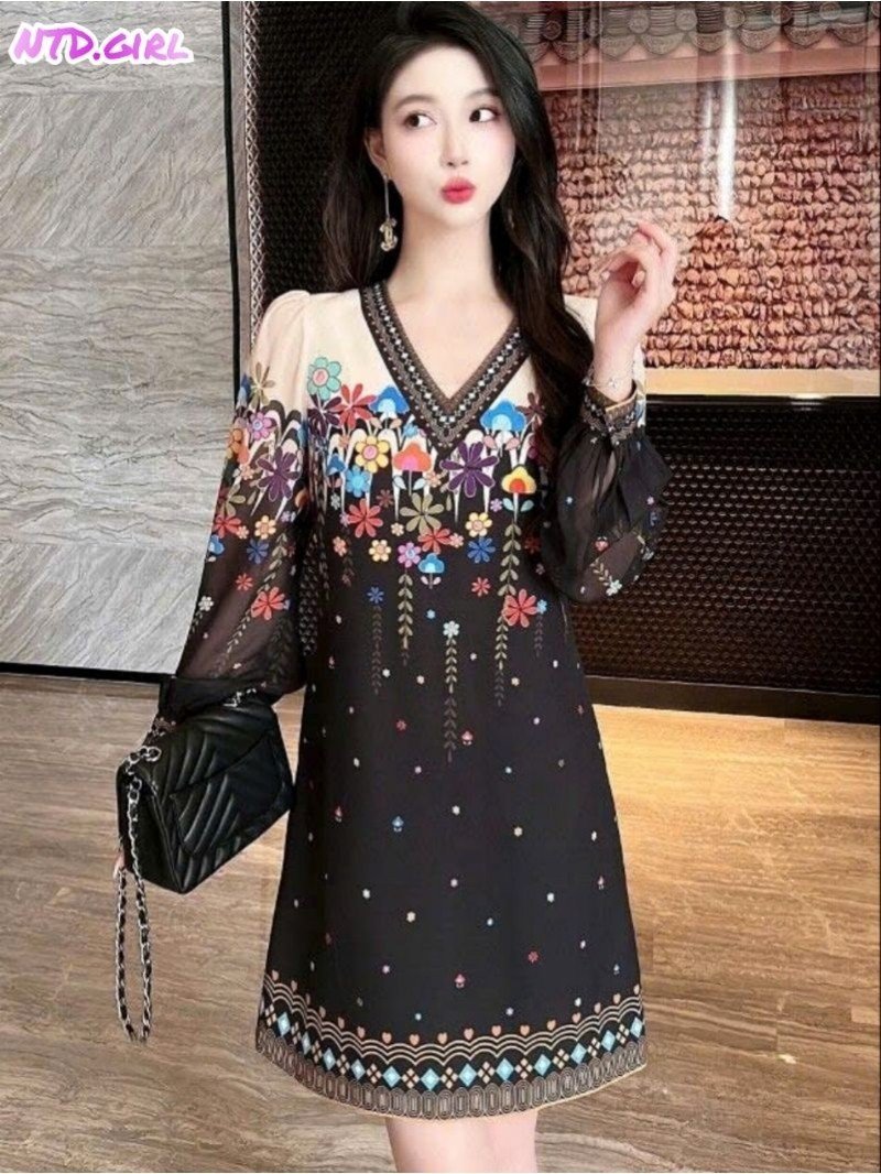 Hàng nhập - Đầm dáng suông lụa mịn mát in hoa chuỗi, váy xuông Quảng Châu cổ V tay dài