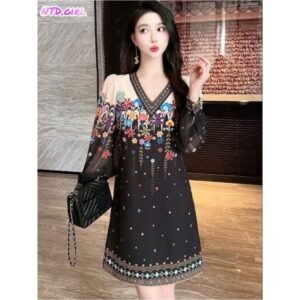 Hàng nhập - Đầm dáng suông lụa mịn mát in hoa chuỗi, váy xuông Quảng Châu cổ V tay dài