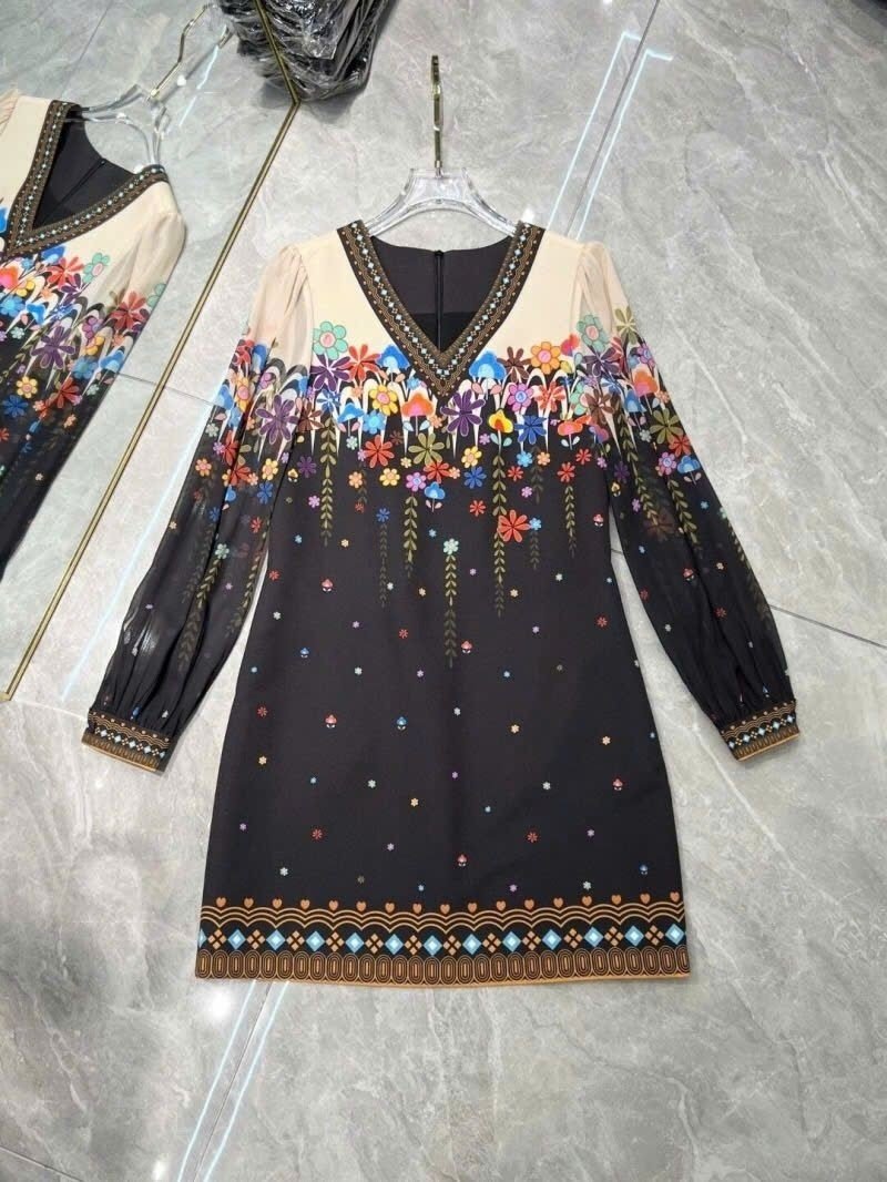 Hàng nhập - Đầm dáng suông lụa mịn mát in hoa chuỗi, váy xuông Quảng Châu cổ V tay dài