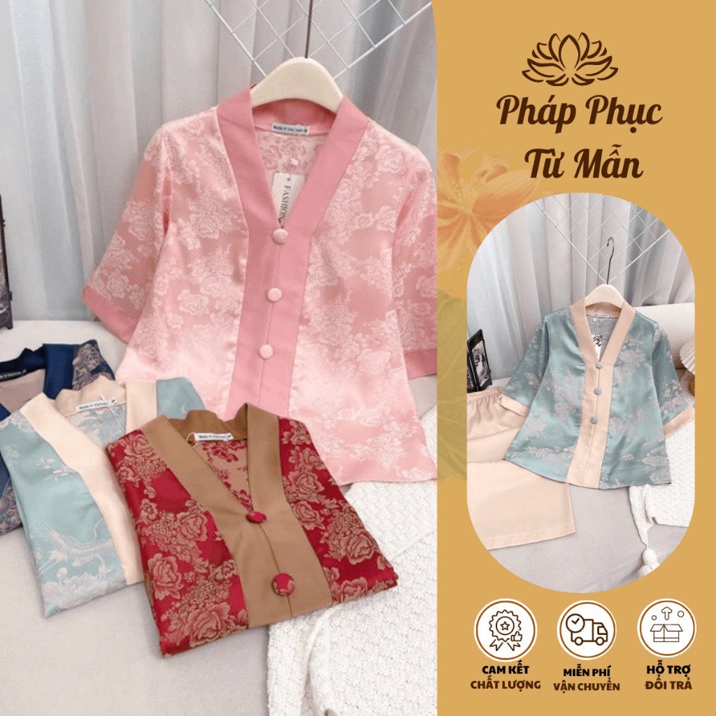 Đồ lam đi chùa nữ cổ V 3 cúc bọc Pháp phục đi chùa Bộ đi lễ lụa vân gỗ mềm mịn, dáng xuông