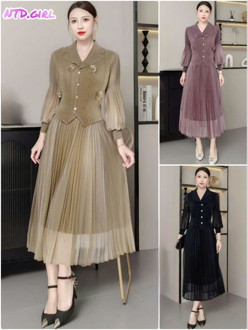 Hàng nhập - Đầm dáng xòe lụa xếp li free size tay dài cổ vest, váy dự tiệc Quảng Châu đính hoa sang trọng