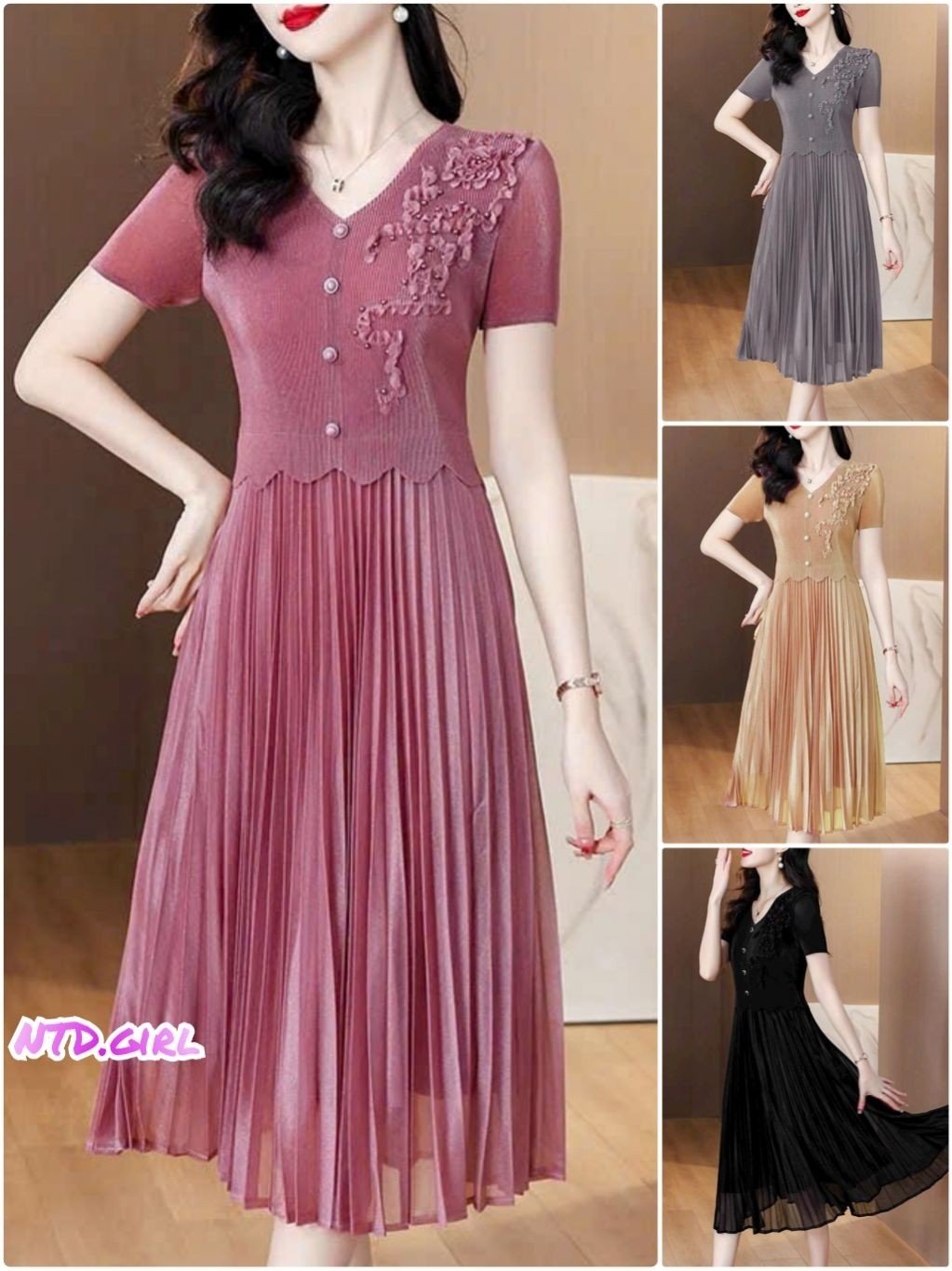 Hàng nhập - Đầm dáng xòe lụa xếp li free size tay ngắn cổ V, váy Quảng Châu dự tiệc đính hoa nổi