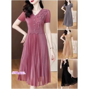 Hàng nhập - Đầm dáng xòe lụa xếp li free size tay ngắn cổ V, váy Quảng Châu dự tiệc đính hoa nổi