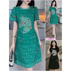 Hàng nhập - Đầm dáng suông lụa mịn mát tay ngắn cổ tròn dễ mặc, váy xuông Quảng Châu in họa tiết ngựa