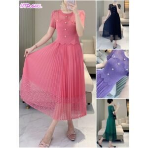 Hàng nhập - Đầm dáng xòe lụa xếp li in hoa văn phối lưới, váy dự tiệc Quảng Châu tay ngắn cổ tròn