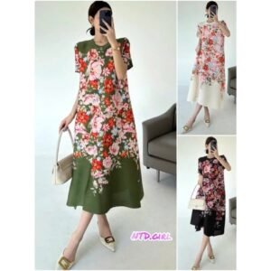 Hàng nhập - Đầm dáng suông lụa xếp li free size tay ngắn cổ tròn in hoa, váy xuông Quảng Châu form dài đi biển xinh xắn