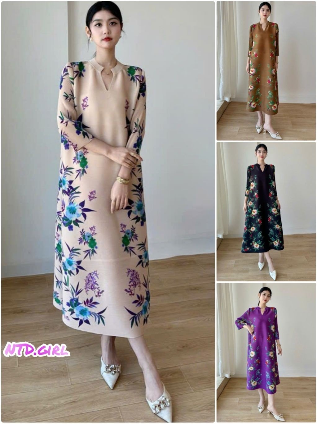 Hàng nhập - Đầm dáng suông lụa xếp li free size tay lỡ cổ tròn xẻ V, váy xuông Quảng Châu form dài maxi