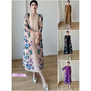 Hàng nhập - Đầm dáng suông lụa xếp li free size tay lỡ cổ tròn xẻ V, váy xuông Quảng Châu form dài maxi