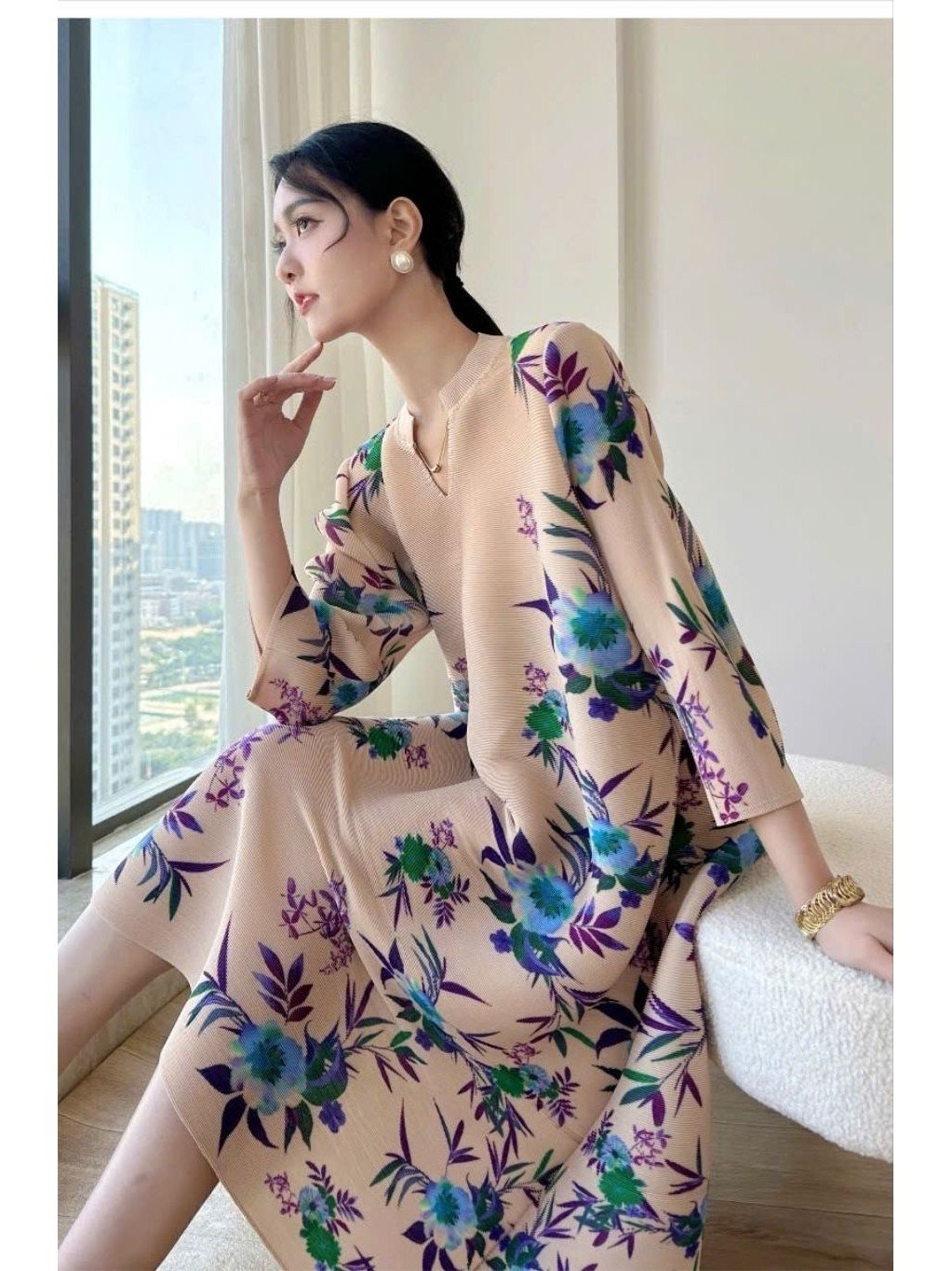 Hàng nhập - Đầm dáng suông lụa xếp li free size tay lỡ cổ tròn xẻ V, váy xuông Quảng Châu form dài maxi