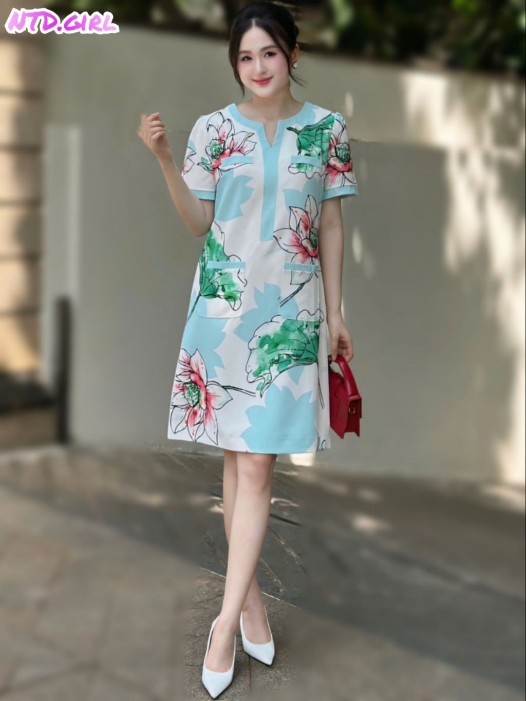 Hàng nhập - Đầm dáng suông lụa mịn mát in hoa sen, váy xuông Quảng Châu tay ngắn cổ tròn