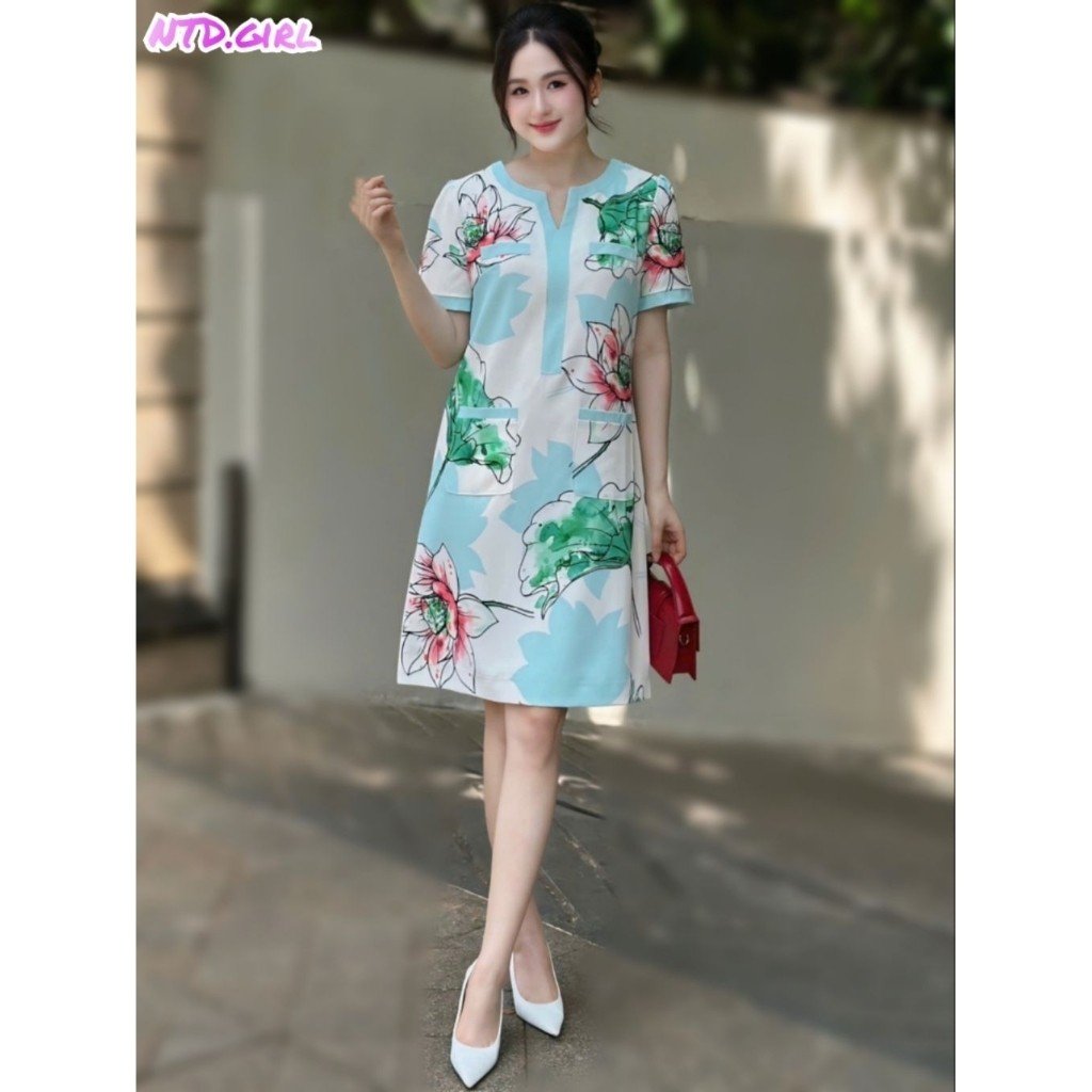 Hàng nhập - Đầm dáng suông lụa mịn mát in hoa sen, váy xuông Quảng Châu tay ngắn cổ tròn