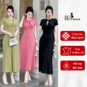 Đầm body dáng xoè tay ngắn cổ trụ, Váy Body vải đũa lạnh Quảng Châu co giãn mát mẻ mùa Hè ANZi House AZH9