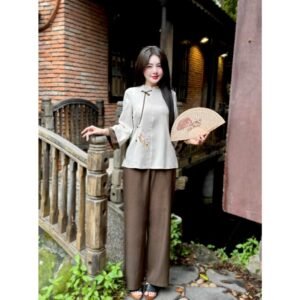 Ms65 Pháp phục lễ chùa, đồ lam đi chùa nữ thêu NGỘ vải đũi THÁI cổ 2 phân.NGO LUN