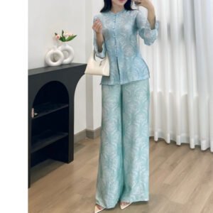 Bộ bà ba đi chùa nữ HINSTORE bộ áo ngắn pháp phục cúc bọc cổ tròn lụa tằm ánh kim họa tiết thọ dơi 425