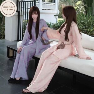 Set bà ba cúc bọc chất liệu tằm ánh kim vân THỌ, Pháp phục đi chùa dáng rộng phú bà sang chảnh điệu đà - TT206