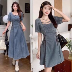 Váy Đầm Bigsize jean Cổ Vuông Cách Điệu Đan Dây Siết Eo Hack Dáng Nhẹ Nhàng Nữ Tính🌸Hàng Quảng Châu