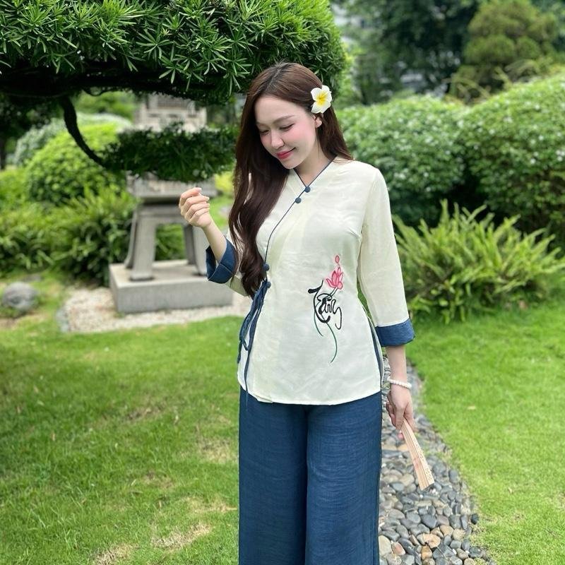 Bộ Đồ Lam Nữ Pháp Phục Đi Chùa Họa Tiết Thêu Chất Liệu Vải Đũi Mềm Mịn Thoáng Mát Size S M L - DL004