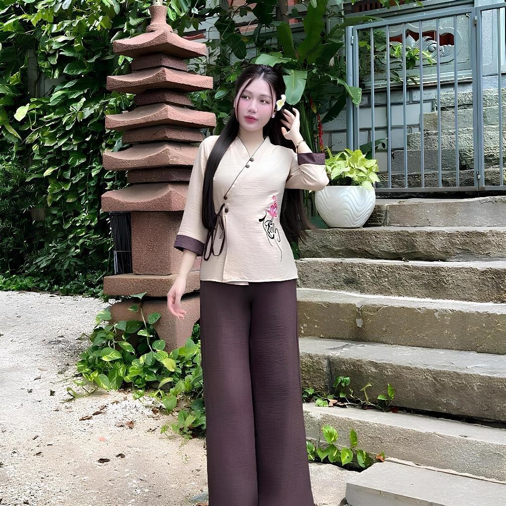 Bộ Đồ Lam Nữ Pháp Phục Đi Chùa Họa Tiết Thêu Chất Liệu Vải Đũi Mềm Mịn Thoáng Mát Size S M L - DL004