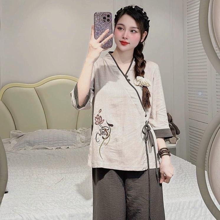 Bộ Đồ Lam Nữ Pháp Phục Đi Chùa Họa Tiết Thêu Chất Liệu Vải Đũi Mềm Mịn Thoáng Mát Size S M L - DL004