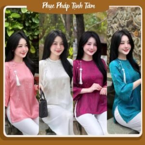 Mã áo lẻ -Đồ Lam Đi Chùa Tịnh Tâm, Pháp phục nữ lụa Phượng Đằng đính charm cao cấp, Size 40-65kg,4 size S,M,L,XL
