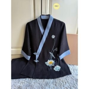 DL25 đen, chất đũi tơ tằm (Họa Y Pháp Phục) Đồ Lam Đi Chùa, Top Quần Áo Thời Trang Cho Phật Tử Nữ