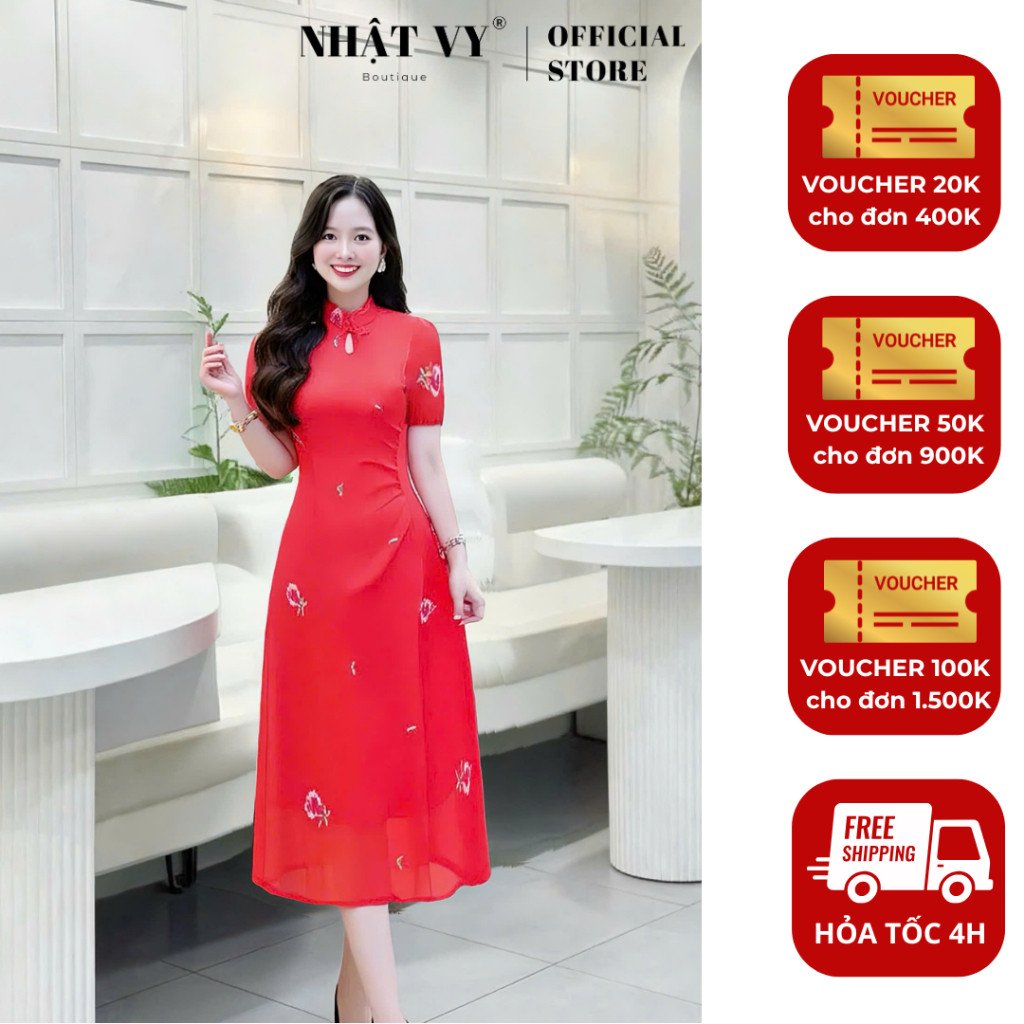 Đầm cổ tàu thêu hoa thiết kế Nhật Vy chiết eo dáng xòe phù hợp đi chơi - D3241
