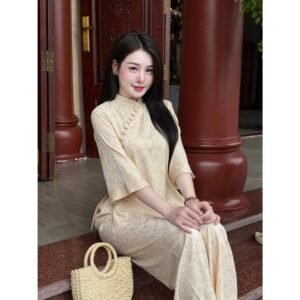 Set đồ lam đi chùa chất liệu lụa hai da hoạ tiết Cúc Chi mai xinh xắn phù hợp mặc Lễ Tết