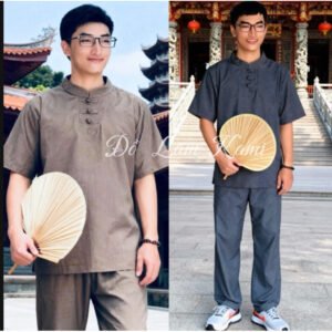 Bộ đồ lam đi chùa nam cổ tàu form đẹp- Pháp phục nam vải đũi TC cao cấp, tay ngắn, 55-79kg