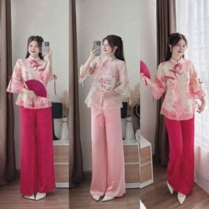 Set áo dài cổ tàu hoa dây nơ set pháp phục tết cho nữ đi lễ chùa set bộ tết xinh xắn nhiều kiểu xinh