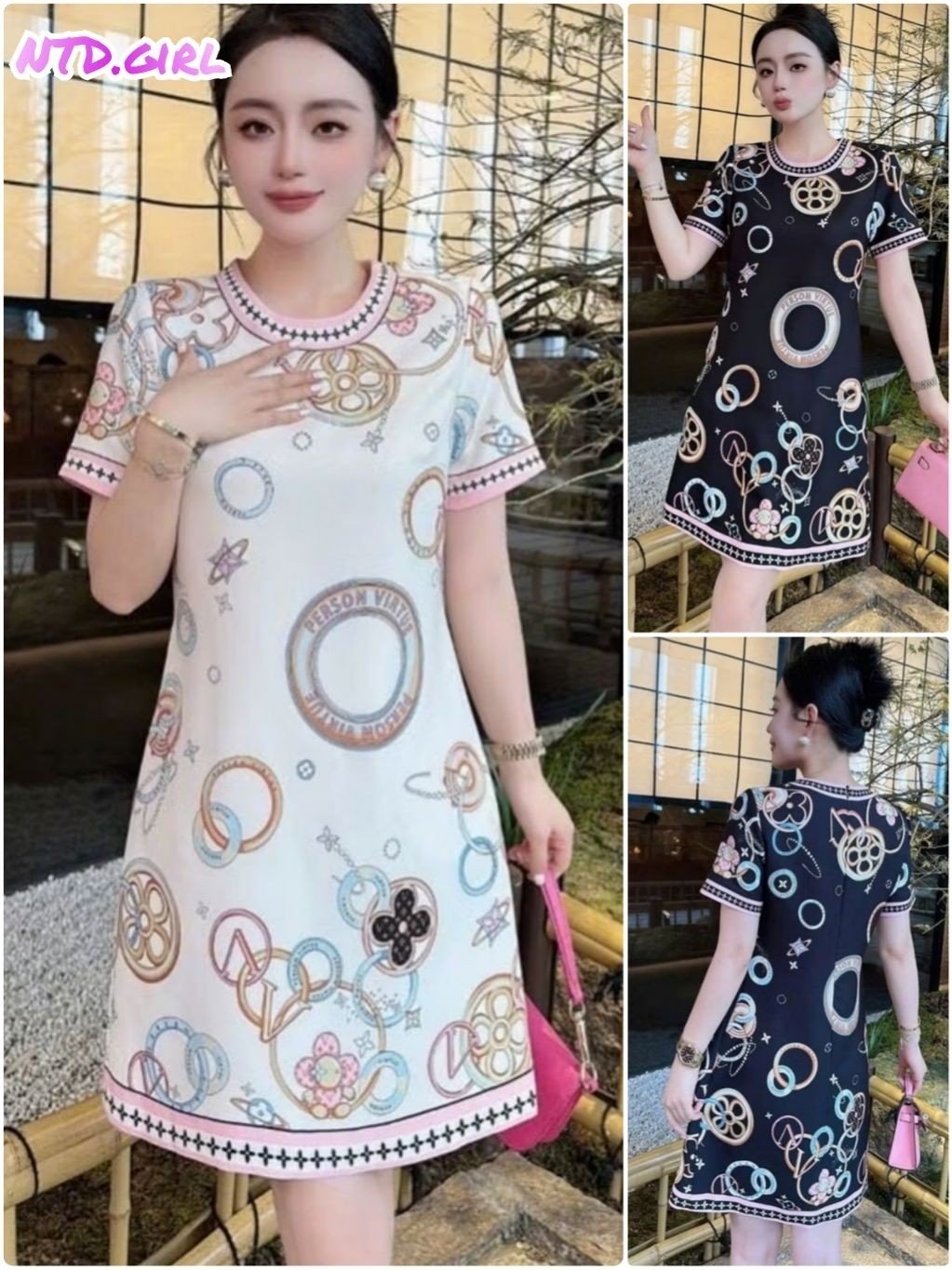 Hàng nhập - Đầm dáng suông lụa mịn đẹp in hoa văn hình tròn, váy xuông Quảng Châu tay ngắn cổ tròn