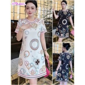 Hàng nhập - Đầm dáng suông lụa mịn đẹp in hoa văn hình tròn, váy xuông Quảng Châu tay ngắn cổ tròn