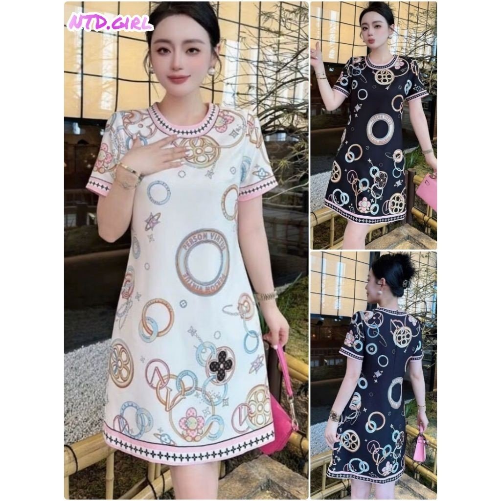 Hàng nhập - Đầm dáng suông lụa mịn đẹp in hoa văn hình tròn, váy xuông Quảng Châu tay ngắn cổ tròn