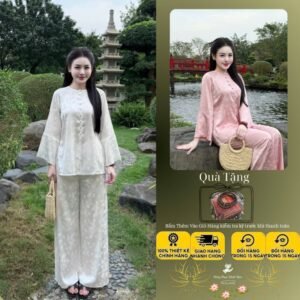 Ms15 Sét lam đi lễ Bộ nữ phật tử đi chùa.bộ cách tân gấm cây trúc cổ tròn cúc bọc