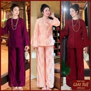 Pháp Phục Giai Tuệ, Mã Bà Ba Cổ Tròn, Chất Liêu Lụa T.ằ.m Óng Hoạ Tiết Chữ Thọ (PP122)