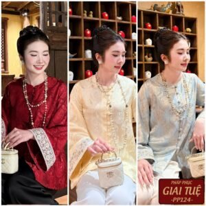 Pháp Phục Giai Tuệ, Mã Tay Phối Ren Ngọc, Chất Liêu Áo Lụa T.ằ.m, Quần Lụa Vân, Hoạ tiết Chữ Thọ (PP124)