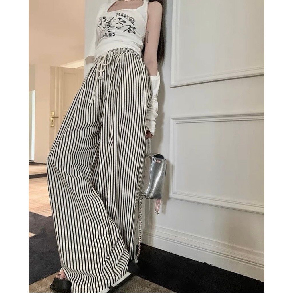Quần Ống Rộng Nữ Chất Đũi Thô Nhăn Họa Tiết Kẻ Sọc – Thoải Mái Đẹp quần ống suông nữ