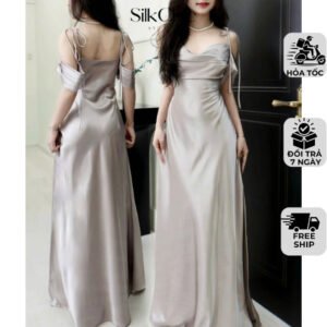 Đầm Lụa Dự Tiệc Dáng Dài Trễ Vai Xếp Li - NV636 Váy Lụa Cột Dây Mềm Mịn Nữ Women Dress Tre Đen