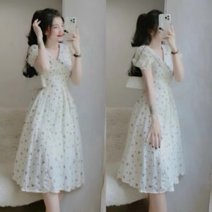 Đầm tiểu thư bồng bềnh thời trang nữ dự tiệc chất xốp hoa cổ V tay ngắn váy có lót dáng chữ A dài maãi siêu xinh QC🌹🌹